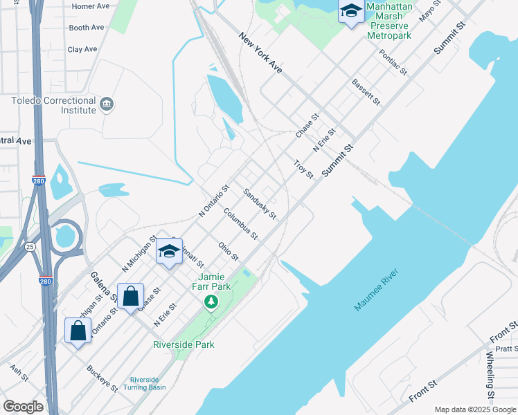 map of restaurants, bars, coffee shops, grocery stores, and more near 2537 North Erie Street in Toledo
