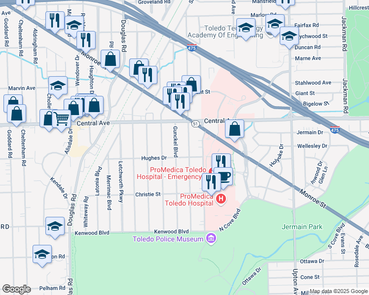 map of restaurants, bars, coffee shops, grocery stores, and more near 2920 Northwood Avenue in Toledo