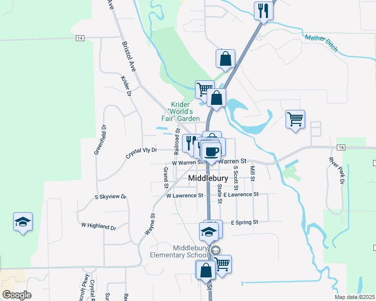 map of restaurants, bars, coffee shops, grocery stores, and more near 213 West Crystal Valley Drive in Middlebury