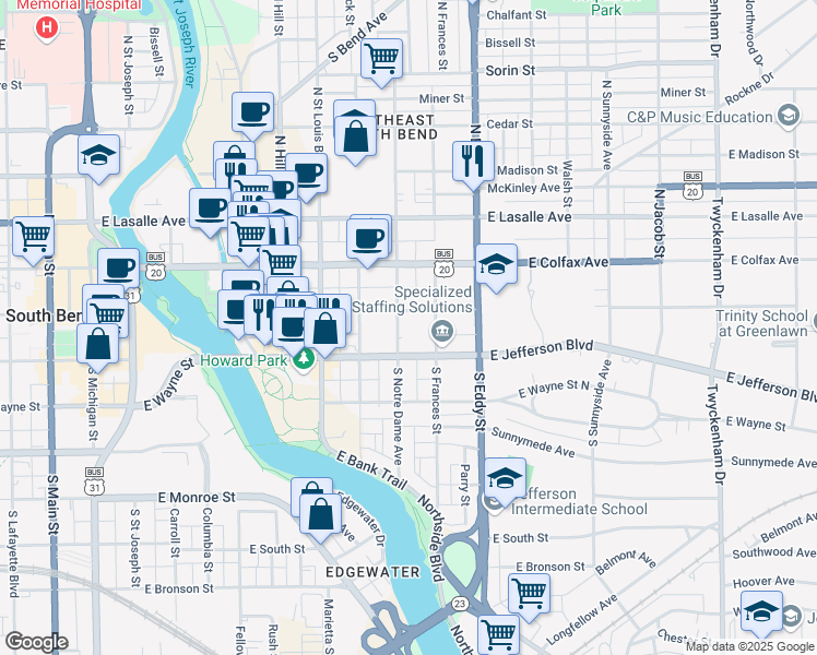 map of restaurants, bars, coffee shops, grocery stores, and more near 112 South Notre Dame Avenue in South Bend