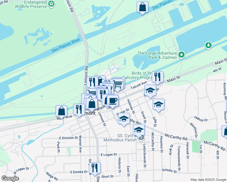 map of restaurants, bars, coffee shops, grocery stores, and more near 459 Talcott Avenue in Lemont
