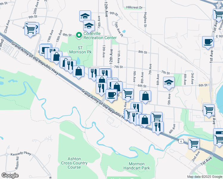 map of restaurants, bars, coffee shops, grocery stores, and more near 1214 5th Street in Coralville