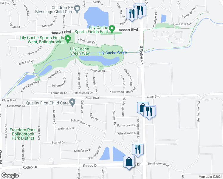map of restaurants, bars, coffee shops, grocery stores, and more near 655 Lakewood Farms Drive in Bolingbrook