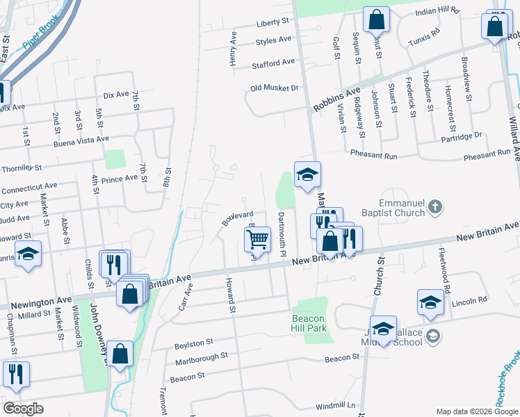 map of restaurants, bars, coffee shops, grocery stores, and more near 71 Clarendon Terrace in Newington