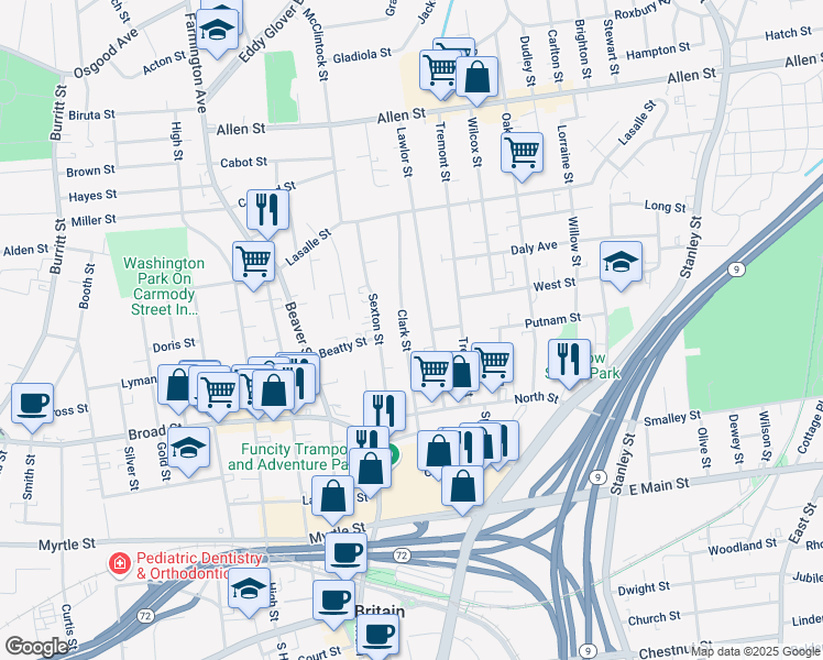 map of restaurants, bars, coffee shops, grocery stores, and more near 149 Clark Street in New Britain