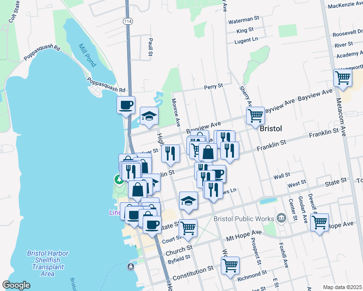 map of restaurants, bars, coffee shops, grocery stores, and more near 43 Monroe Avenue in Bristol