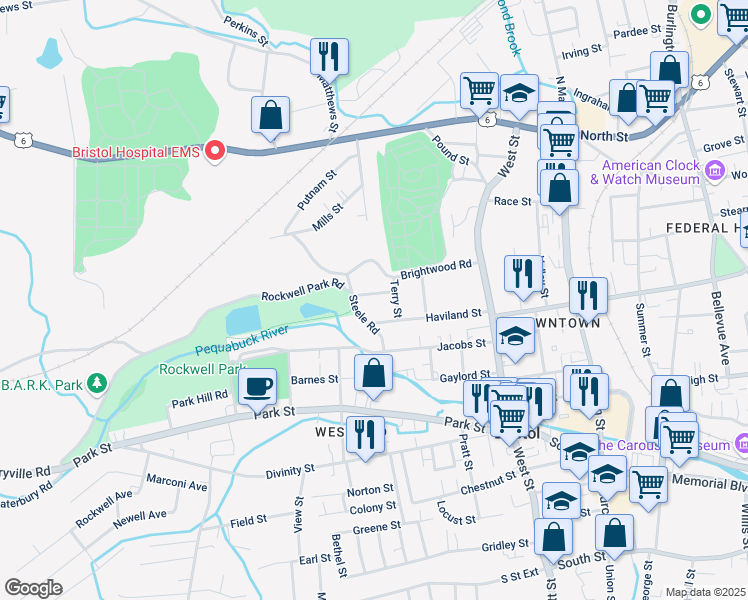 map of restaurants, bars, coffee shops, grocery stores, and more near 25 Winthrop Street in Bristol