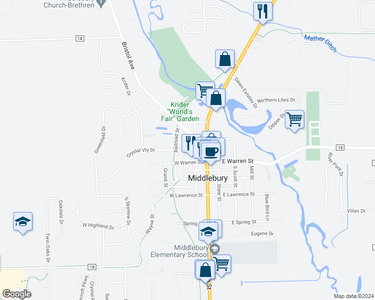 map of restaurants, bars, coffee shops, grocery stores, and more near 213 West Crystal Valley Drive in Middlebury
