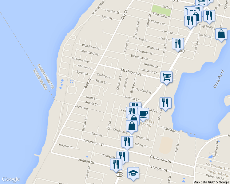 map of restaurants, bars, coffee shops, grocery stores, and more near 297 Clarkson Street in Fall River