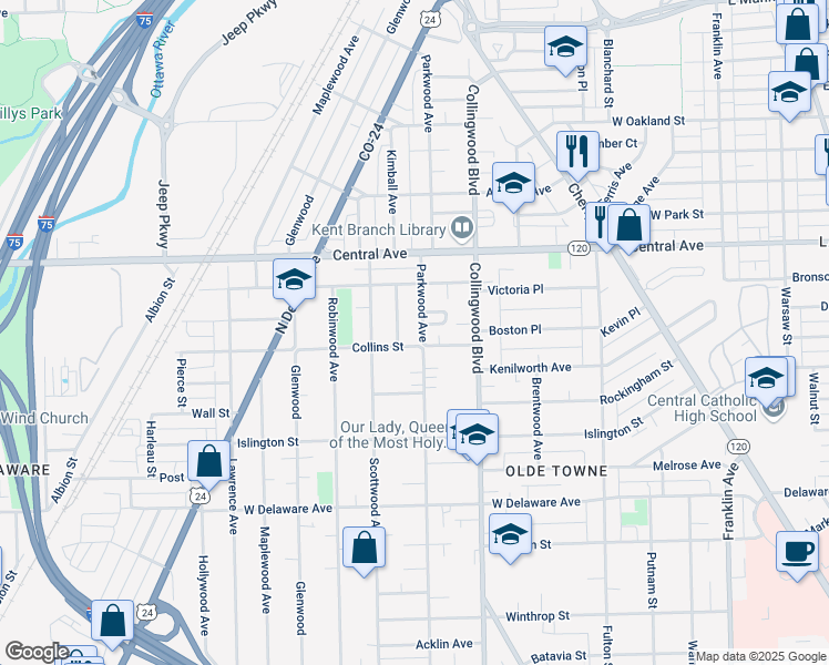 map of restaurants, bars, coffee shops, grocery stores, and more near 2839 Parkwood Avenue in Toledo
