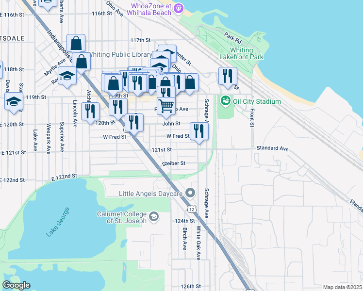 map of restaurants, bars, coffee shops, grocery stores, and more near 1521 121st Street in Whiting