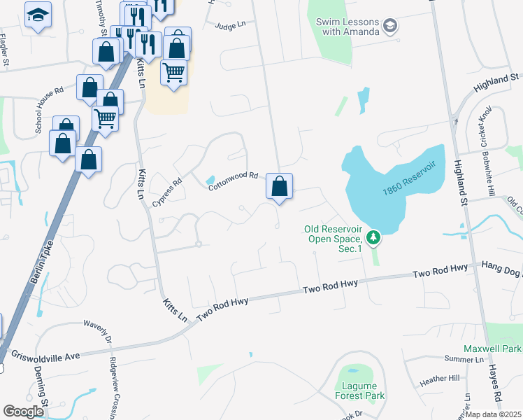 map of restaurants, bars, coffee shops, grocery stores, and more near 66 Pepper Bush Lane in Newington