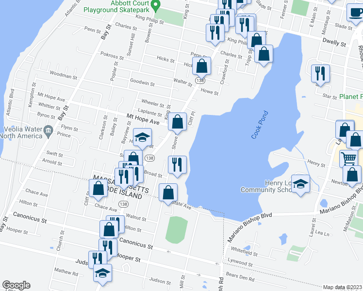 map of restaurants, bars, coffee shops, grocery stores, and more near 126 Shove Street in Fall River