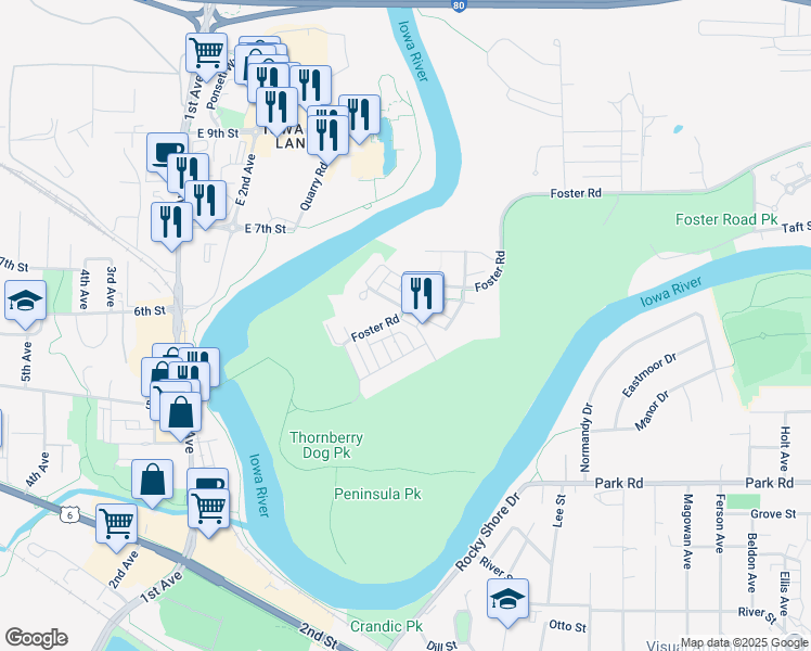 map of restaurants, bars, coffee shops, grocery stores, and more near 2351 Willenbrock Circle in Iowa City