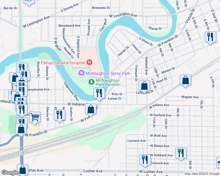 map of restaurants, bars, coffee shops, grocery stores, and more near 1528 West Franklin Street in Elkhart
