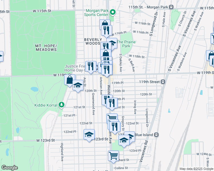 map of restaurants, bars, coffee shops, grocery stores, and more near 11940 Western Avenue in Blue Island