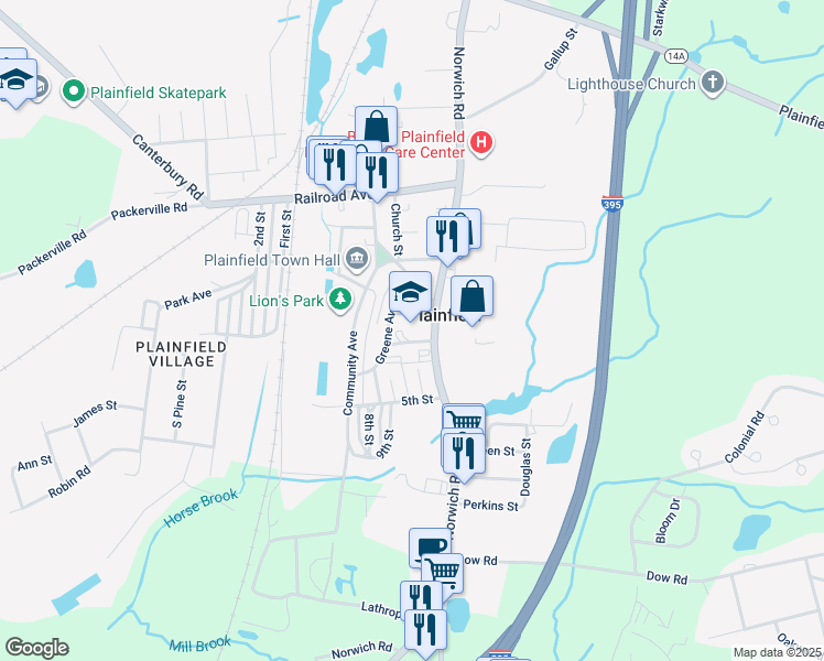 map of restaurants, bars, coffee shops, grocery stores, and more near 651 Norwich Road in Plainfield