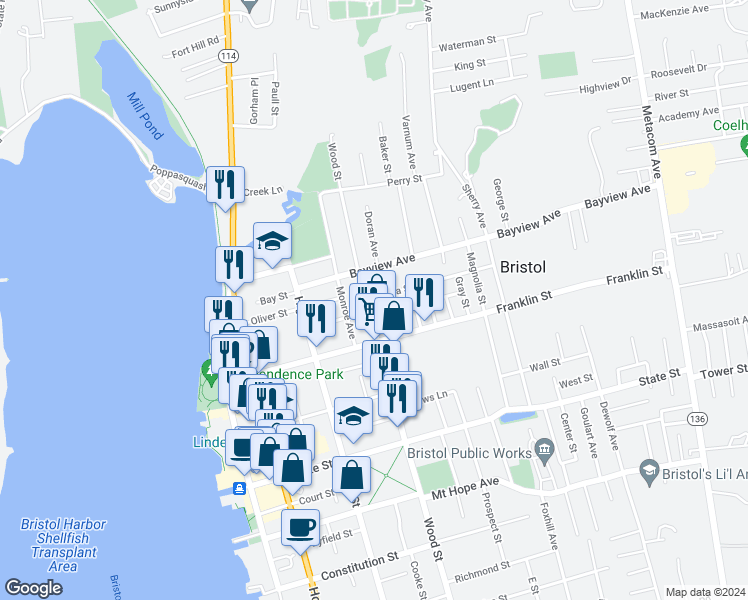 map of restaurants, bars, coffee shops, grocery stores, and more near 588 Wood Street in Bristol