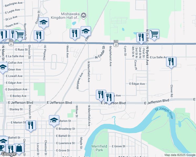 map of restaurants, bars, coffee shops, grocery stores, and more near 1700-1799 Village Circle in Mishawaka