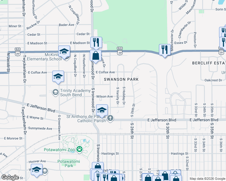 map of restaurants, bars, coffee shops, grocery stores, and more near 124 South Varsity Drive in South Bend