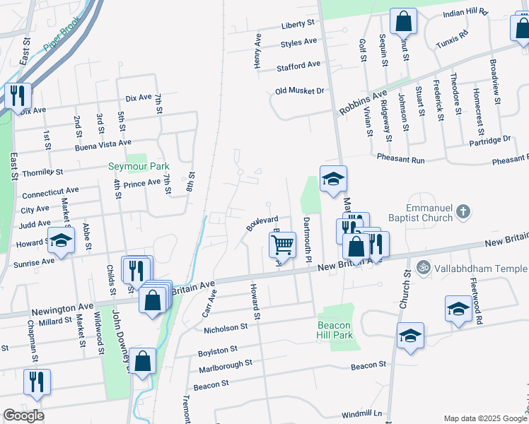 map of restaurants, bars, coffee shops, grocery stores, and more near 9 Berkeley Circle in Newington