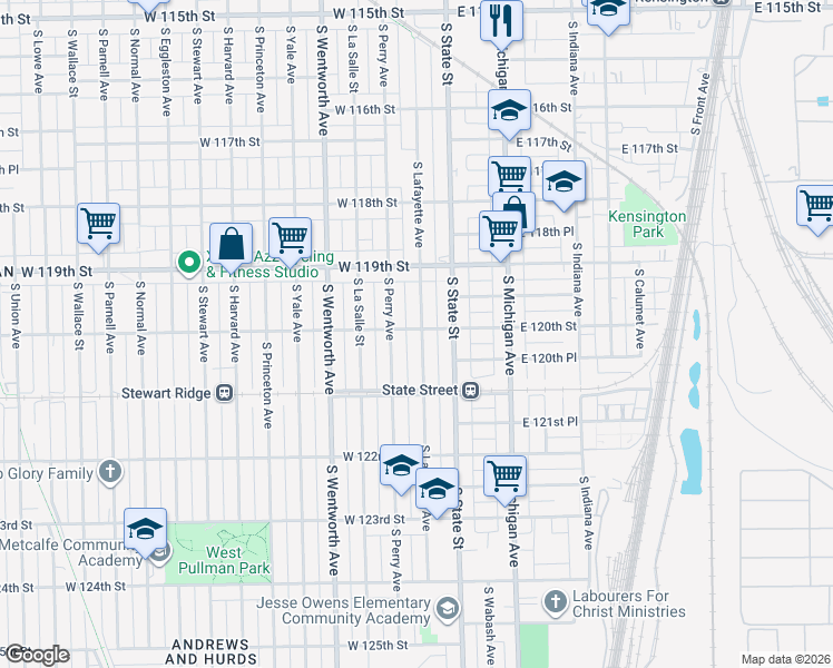 map of restaurants, bars, coffee shops, grocery stores, and more near 12000 South Lafayette Avenue in Chicago