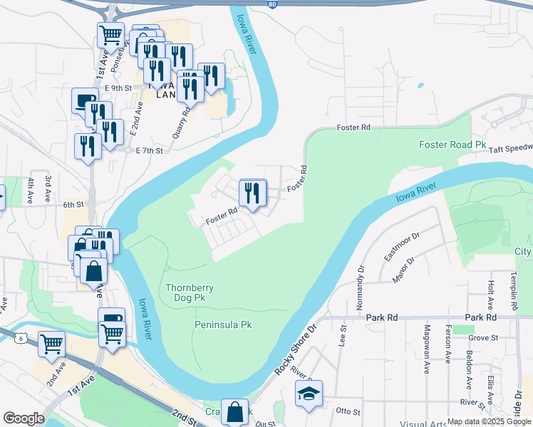 map of restaurants, bars, coffee shops, grocery stores, and more near 1093 Walker Circle in Iowa City