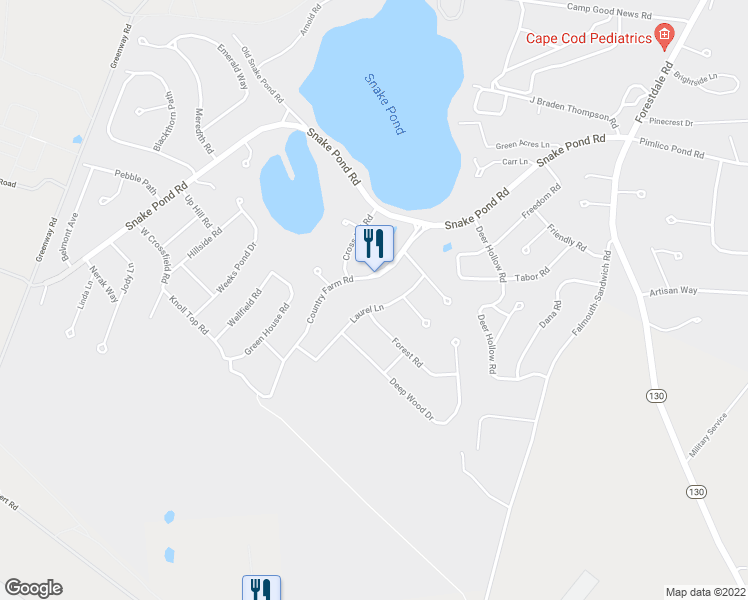 map of restaurants, bars, coffee shops, grocery stores, and more near 13 Laurel Lane in Sandwich