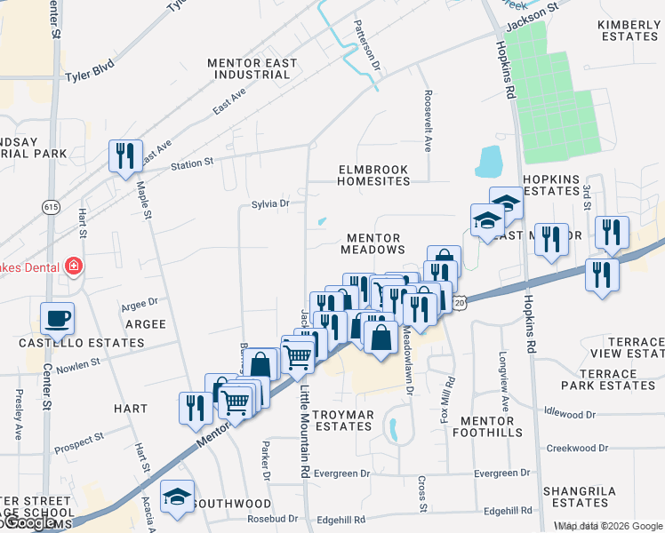 map of restaurants, bars, coffee shops, grocery stores, and more near 8795 Dogwood Lane in Mentor