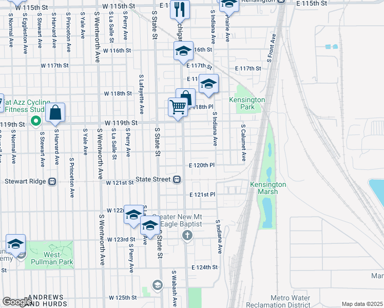 map of restaurants, bars, coffee shops, grocery stores, and more near 115 East 120th Street in Chicago