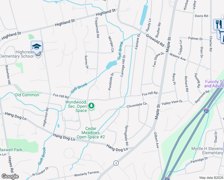 map of restaurants, bars, coffee shops, grocery stores, and more near 82 Pondside Drive in Wethersfield
