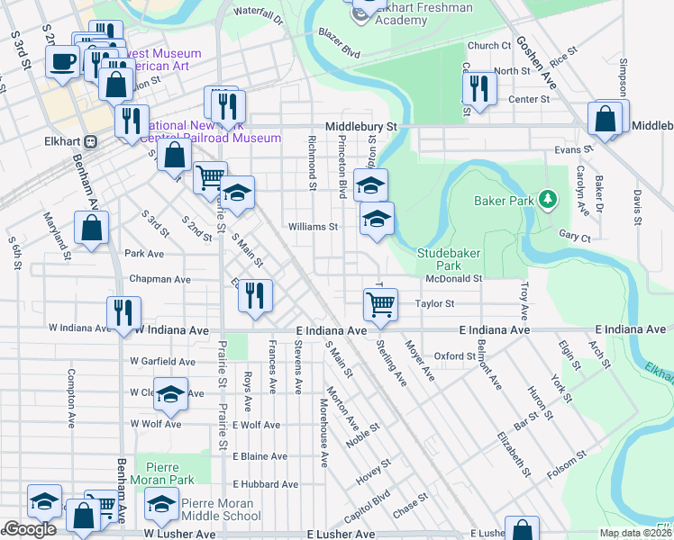 map of restaurants, bars, coffee shops, grocery stores, and more near 624-698 McDonald St in Elkhart