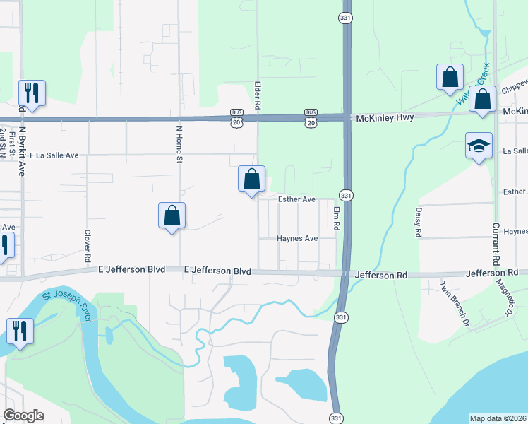 map of restaurants, bars, coffee shops, grocery stores, and more near 1805 Elder Road in Mishawaka