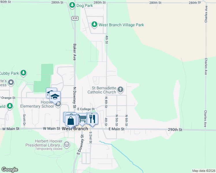 map of restaurants, bars, coffee shops, grocery stores, and more near 412 Lancaster Lane in West Branch