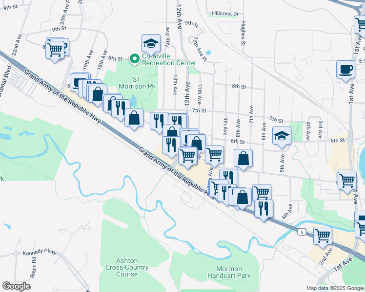 map of restaurants, bars, coffee shops, grocery stores, and more near 1214 5th Street in Coralville