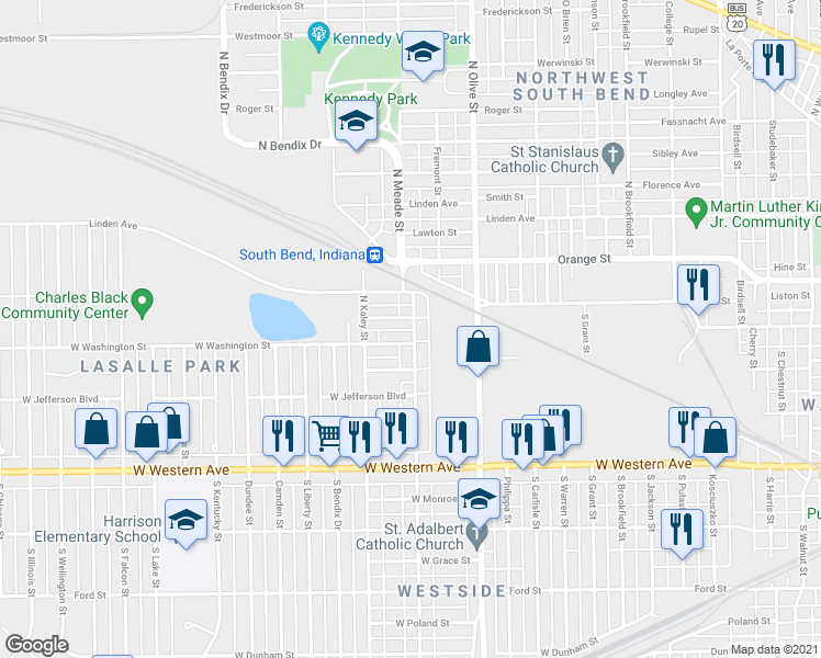 map of restaurants, bars, coffee shops, grocery stores, and more near 2607 Holland Street in South Bend