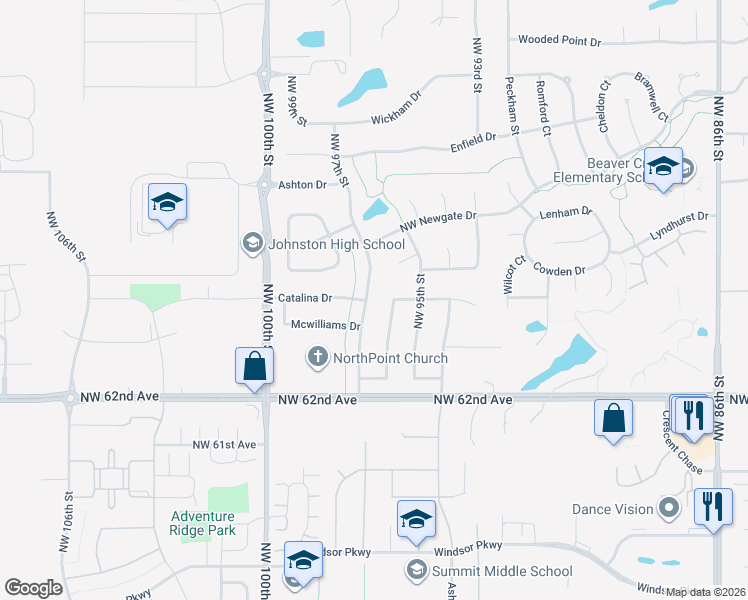 map of restaurants, bars, coffee shops, grocery stores, and more near 6405 NW 97th St in Johnston