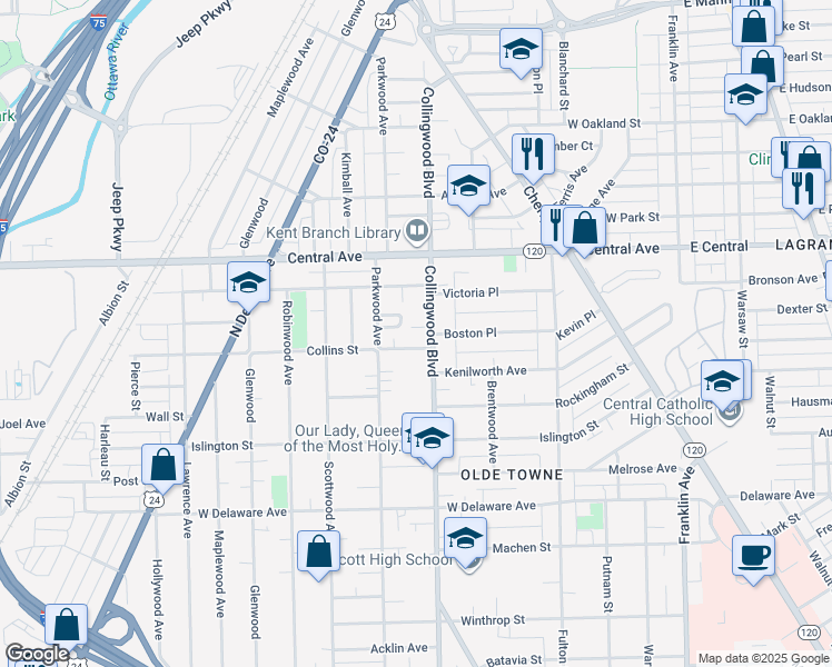 map of restaurants, bars, coffee shops, grocery stores, and more near 511 Nottingham Terrace in Toledo