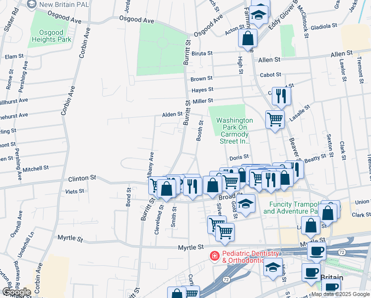 map of restaurants, bars, coffee shops, grocery stores, and more near 421 Burritt St in New Britain