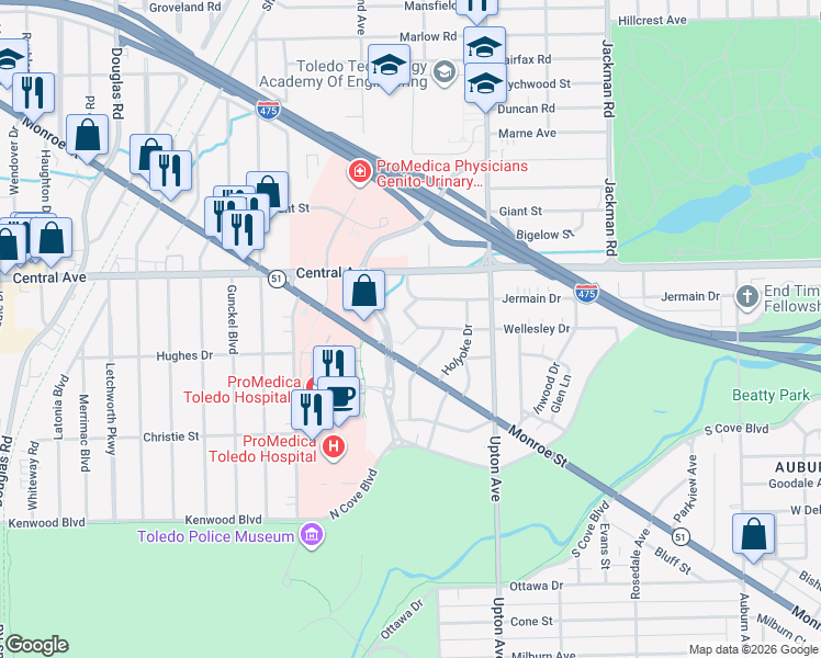 map of restaurants, bars, coffee shops, grocery stores, and more near 2845 Rathbun Drive in Toledo
