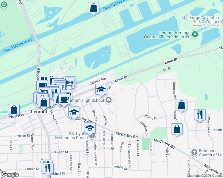 map of restaurants, bars, coffee shops, grocery stores, and more near 1005 Porter Street in Lemont
