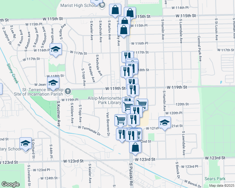 map of restaurants, bars, coffee shops, grocery stores, and more near 11936 South Komensky Avenue in Chicago