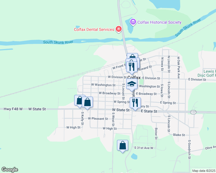 map of restaurants, bars, coffee shops, grocery stores, and more near 219 West Washington Street in Colfax