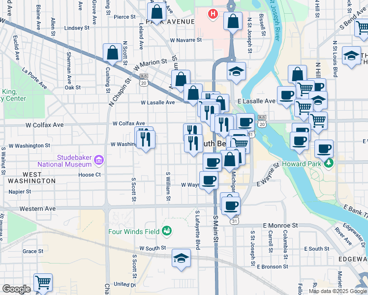 map of restaurants, bars, coffee shops, grocery stores, and more near 322 West Washington Street in South Bend