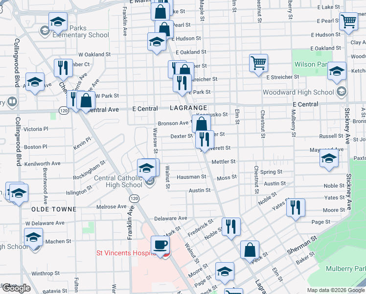 map of restaurants, bars, coffee shops, grocery stores, and more near 161 Everett Street in Toledo