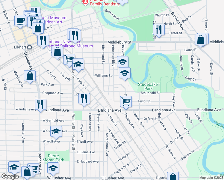 map of restaurants, bars, coffee shops, grocery stores, and more near 624 McDonald St in Elkhart