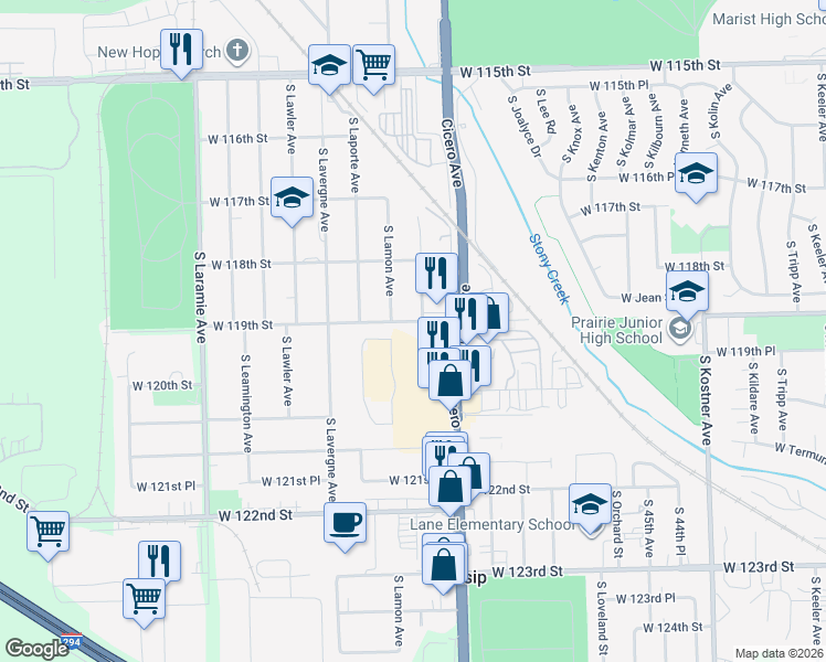 map of restaurants, bars, coffee shops, grocery stores, and more near 4839 West 119th Street in Alsip