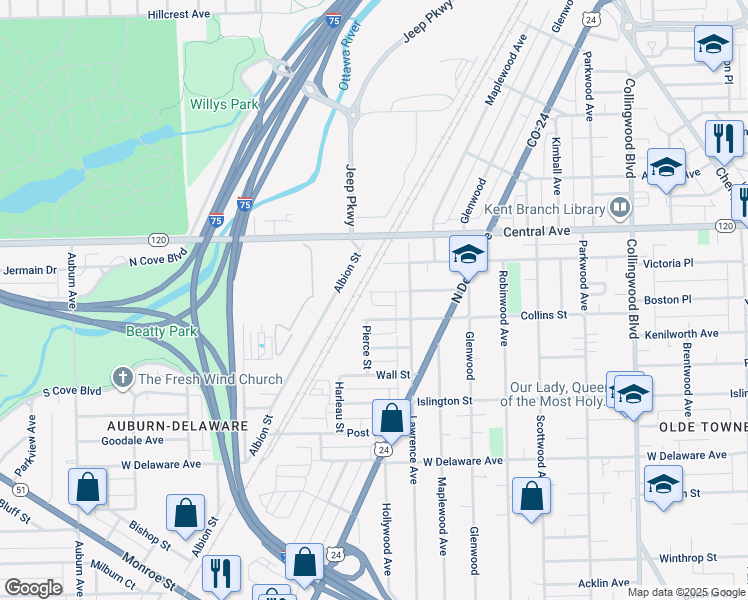 map of restaurants, bars, coffee shops, grocery stores, and more near 939 Ambia St in Toledo