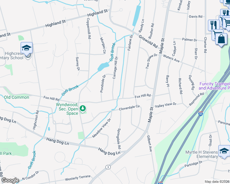 map of restaurants, bars, coffee shops, grocery stores, and more near 170 Carriage Hill Drive in Wethersfield