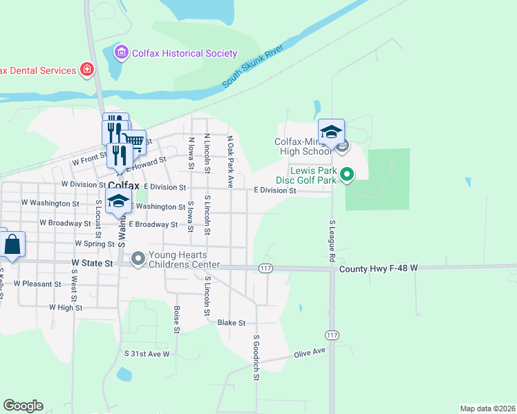 map of restaurants, bars, coffee shops, grocery stores, and more near 30 South Goodrich Street in Colfax